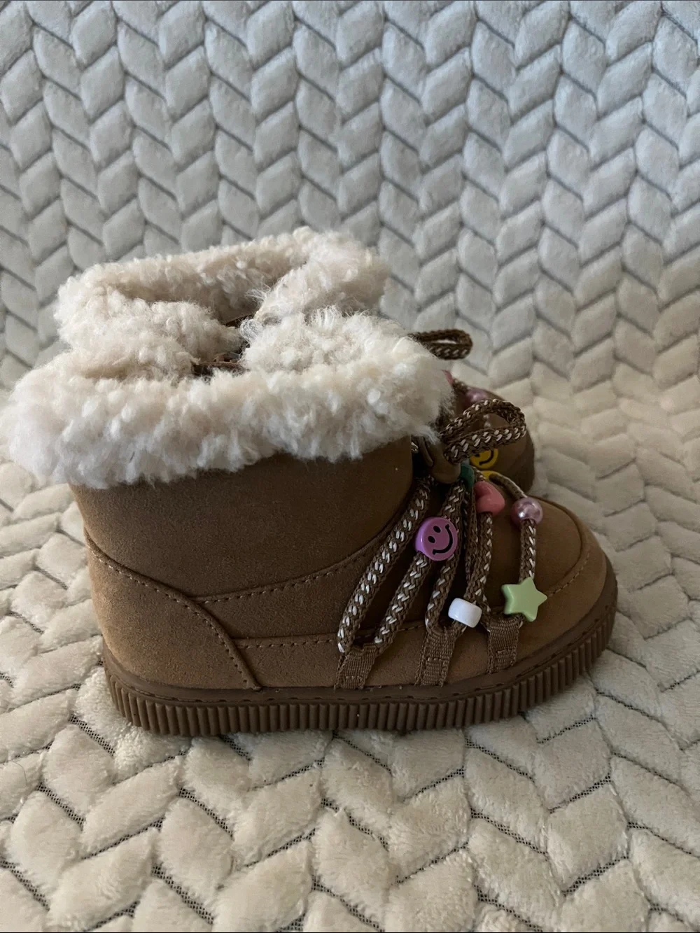 Cat & Jack Brown Faux-Shearling Kids Boots with Colorful Bead Charms
